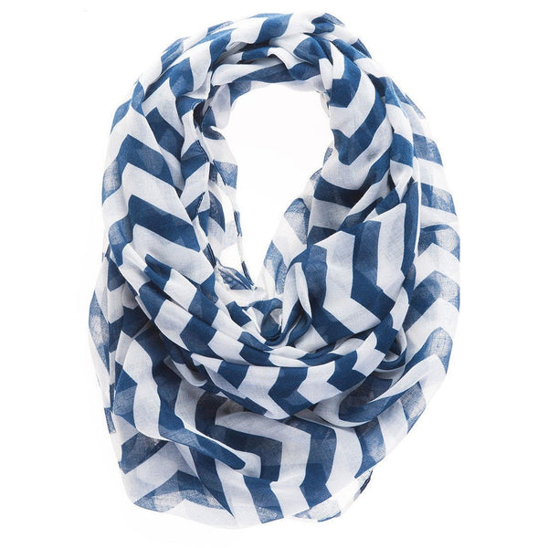 Chvron Infinity Scarf Layer your look this summer in cool nautical style with this Chevron Loop Scarf featuring a blue chevron print allover.
