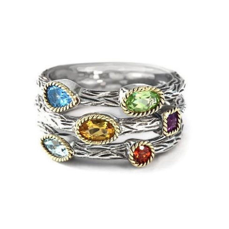 EFFY Multistone Three Row Band in Sterling Silver and 18k Gold Front View