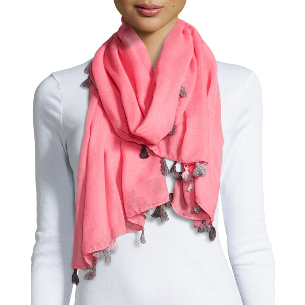 Elie Tahari Pink Ombre Tassel Scarf Adorned By Grey And Cream Tassels On Model