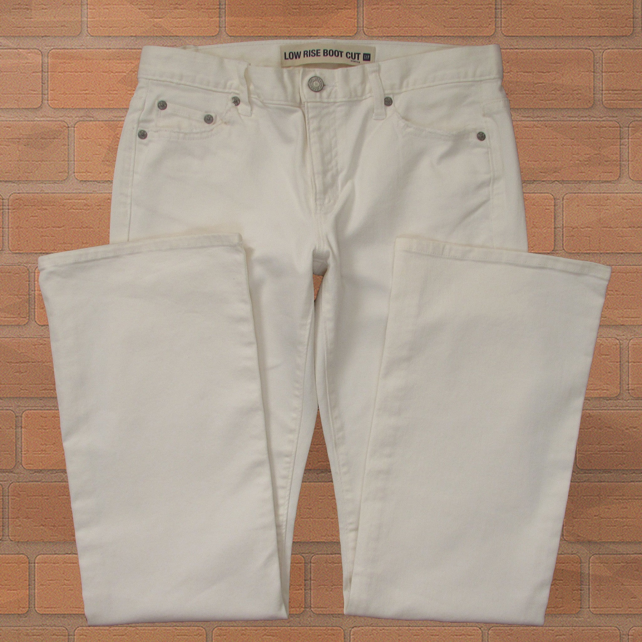 GAP Low Rise Boot Cut White Jeans Front View Legs Folded Up