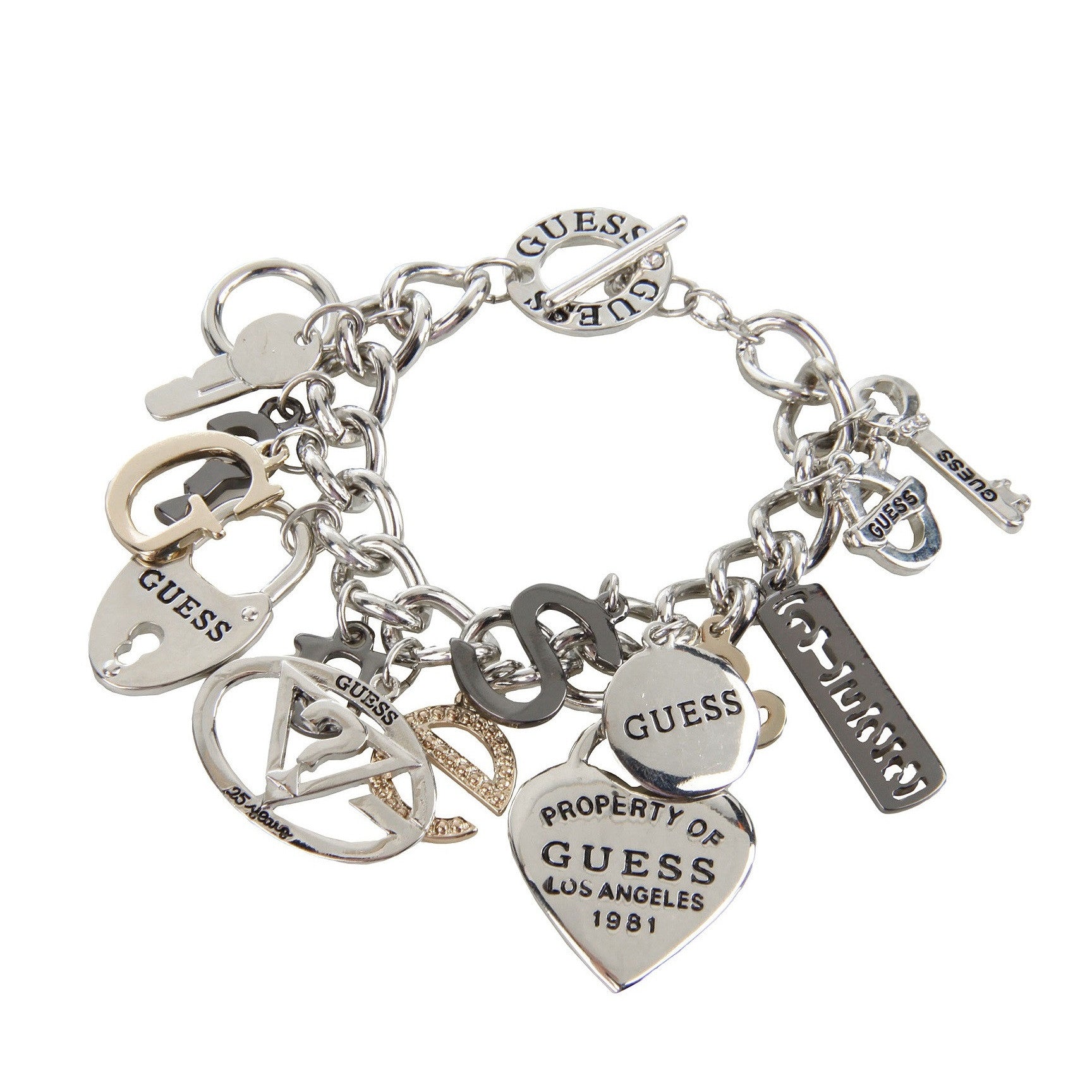 Guess Multi Hearts Rhinestone Logo Charm Bracelet