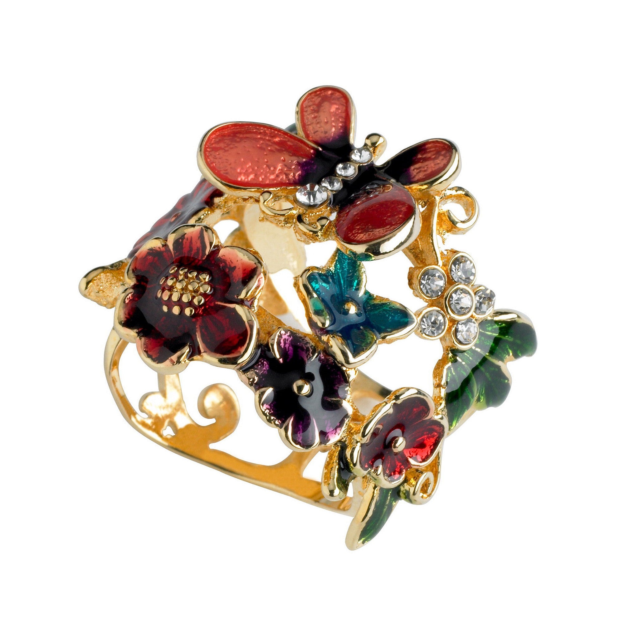 Guess Multicolor Enamel Butterfly and Flower Ring