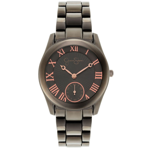 Jessica Simpson Gunmetal Ionplated Bracelet Watch with Gunmetal tone dial, rose gold tone roman numerals, two hands, subdial at six and logo. 