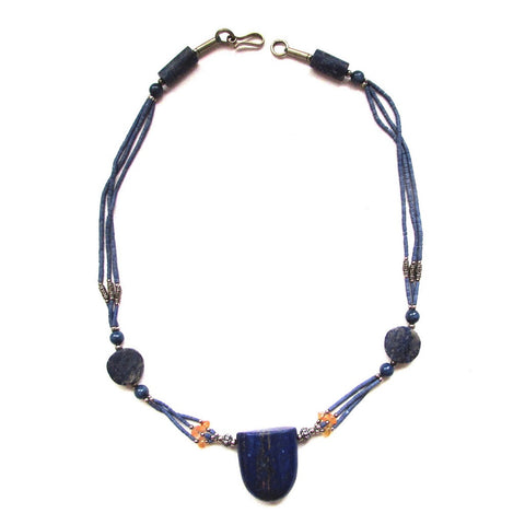 Lapis Stone Tablet Pendant Necklace This beaded necklace has a blue Lapis stone at the center with a hint of gold