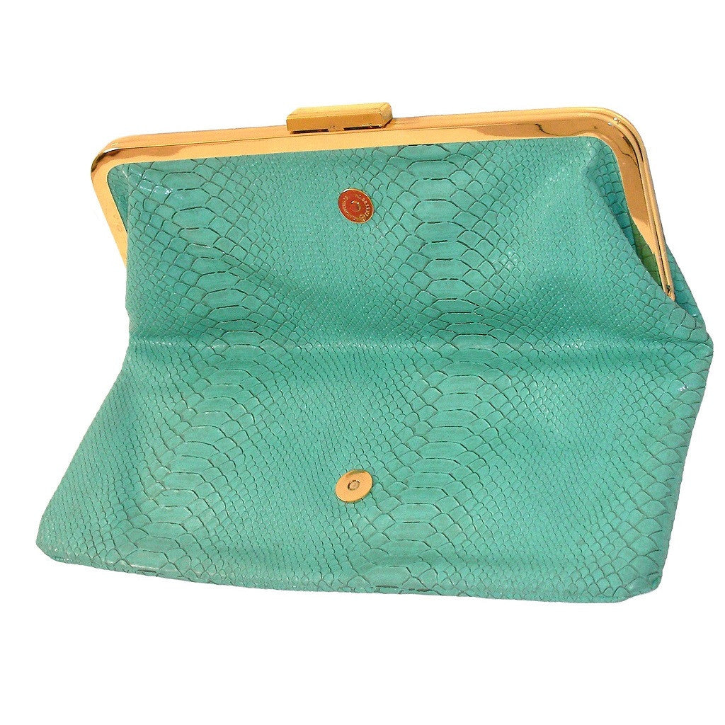 Leila Rowe Mint Gold Faux Aligator Clutch