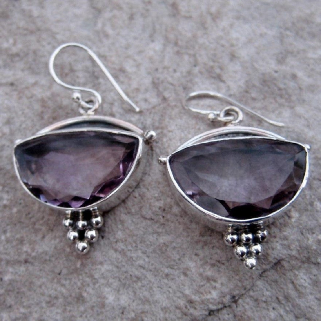 Sterling Silver Amethyst Earrings feature a generous size half moon shaped cut amethyst gemstone finished with silver honeycomb motif