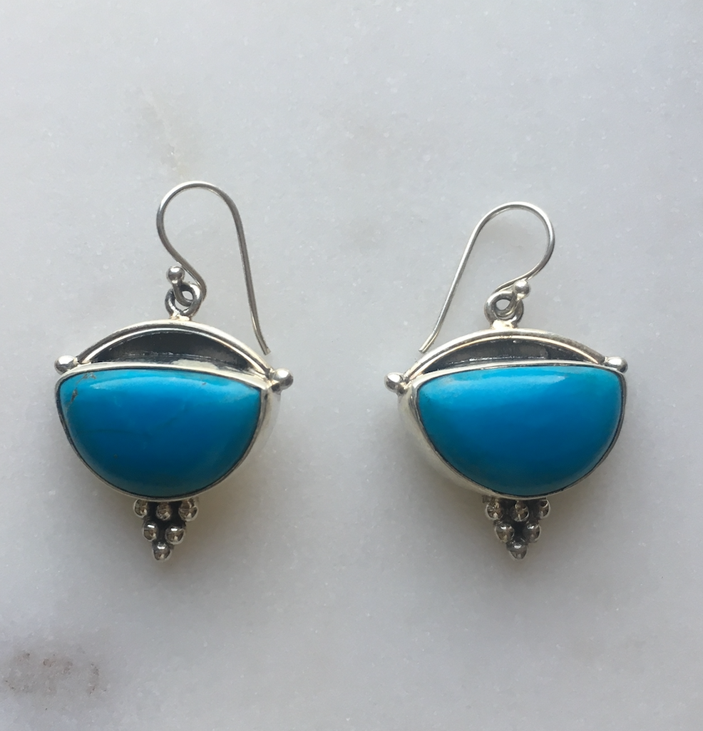 French Wire Sterling Silver and Turquoise Stone Earrings