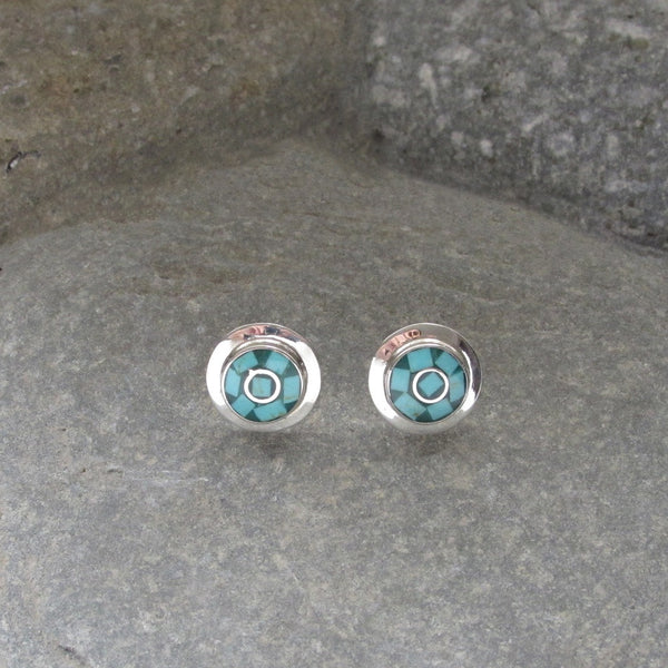 Sterling Silver Turquoise Inlay Earrings feature a fan-like mosaic turquoise inlay design