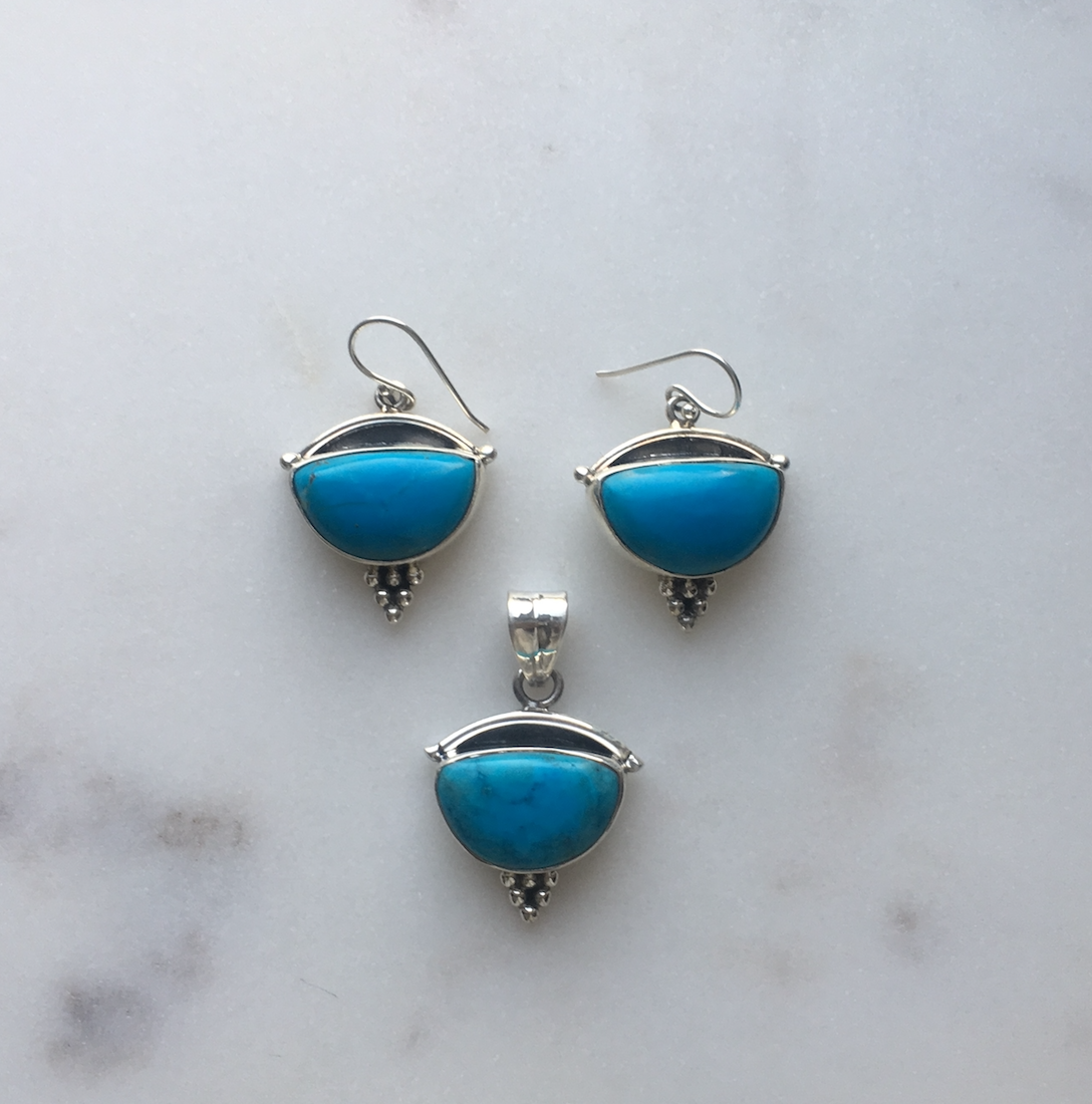  Sterling Silver and Turquoise Stone Earrings and Pendant Set