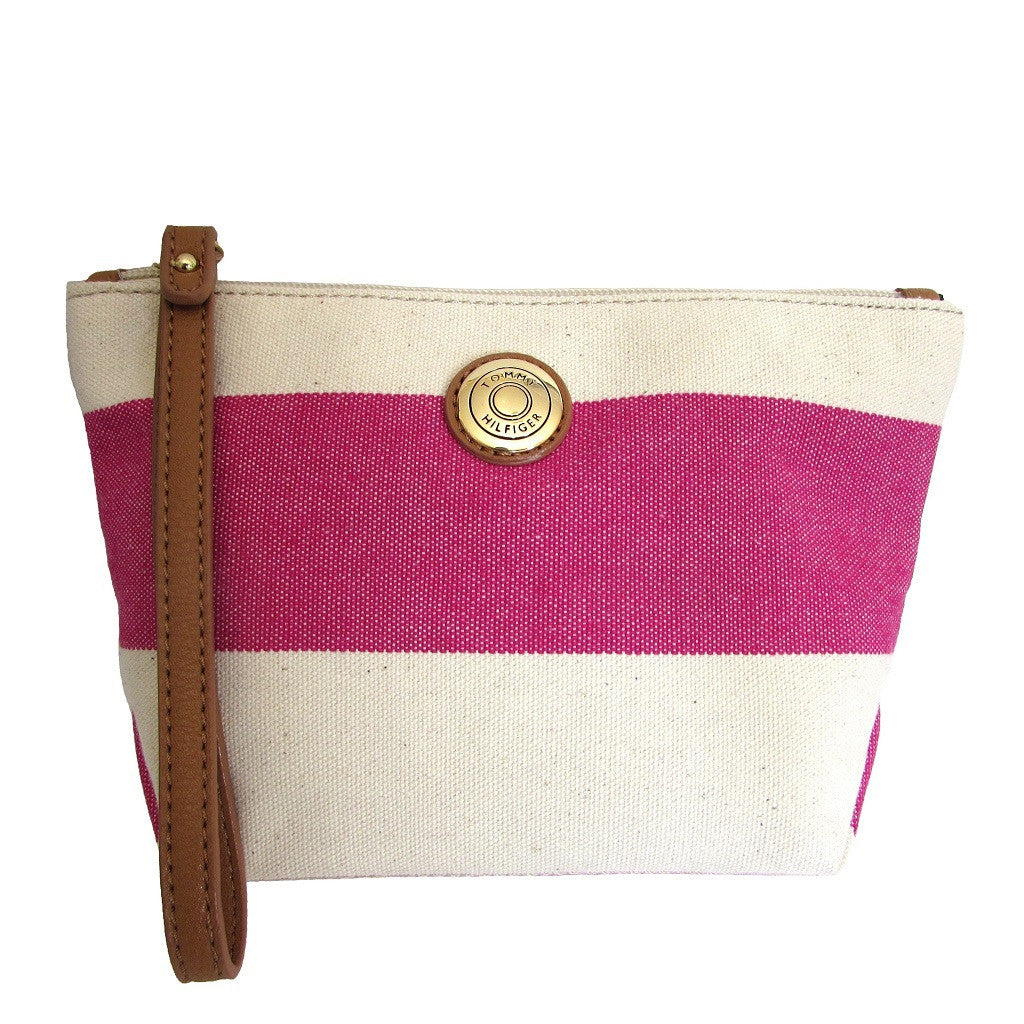 Tommy Holfiger Rugby Pink Striped Pouch Wristlet strap makes it easy to carry and hang on hook behind door.