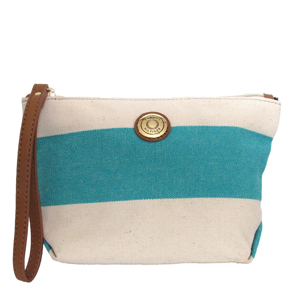 Tommy Holfiger Rugby Turquoise Striped Pouch Wristlet strap makes it easy to carry and hang on hook behind door.