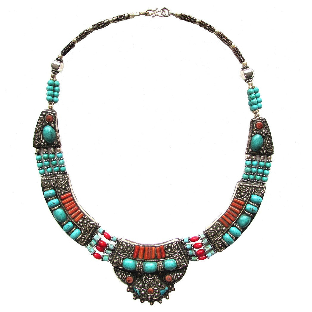 Turquoise Natural Stone Collar Necklace 'Zar' featuring pastel shades of turquoise and coral stones set in antiqued carved silver. Handcrafted.