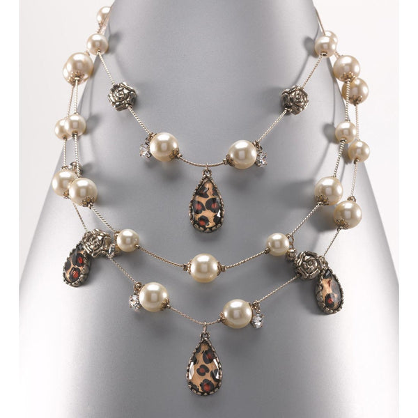 Betsey Johnson Leopard and Pearl Multi-Row Illusion Necklace