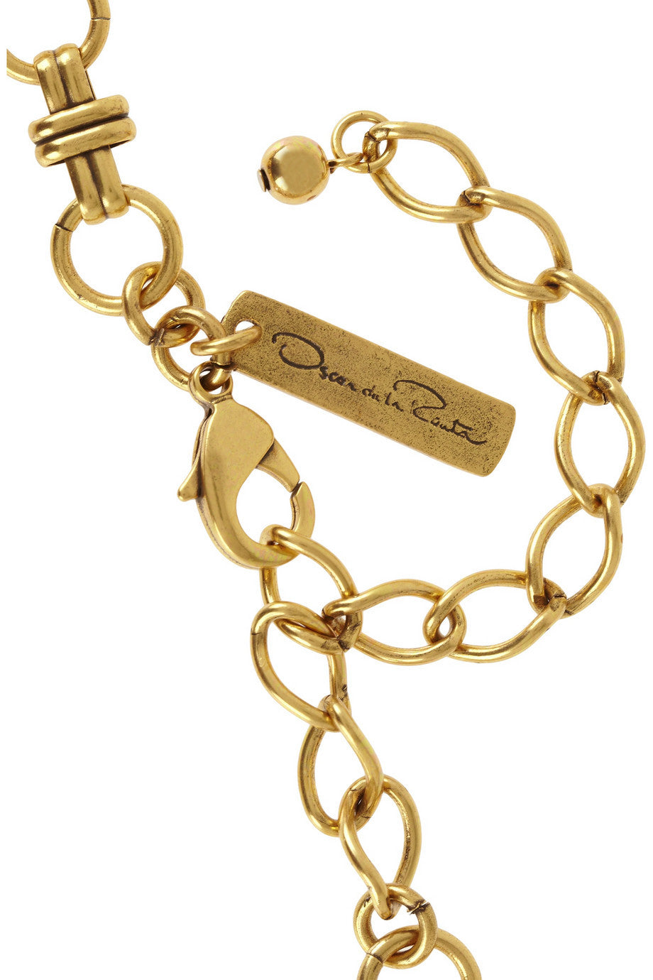 Oscar de la Renta Swarovski Crystal and Cabochon Necklace Chain Logo Closeup